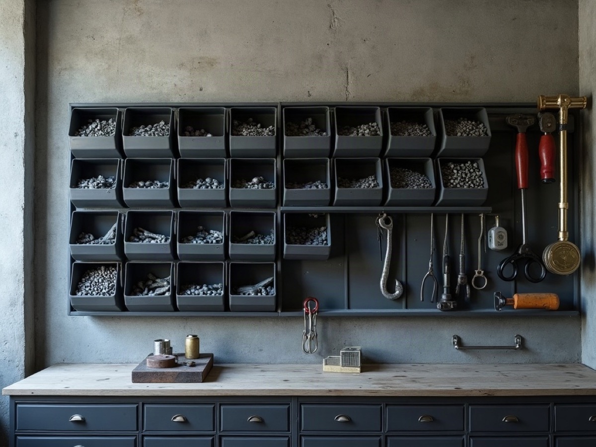 Hardware bins of fasteners and plain hand tools on graphite shelving