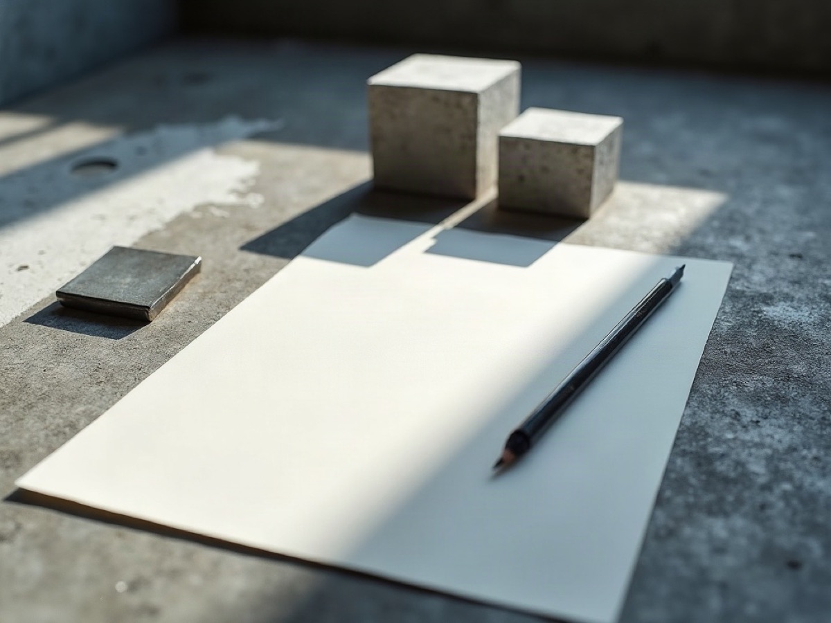 Drawing board with a blank sheet, a steel ruler, and a concrete sample