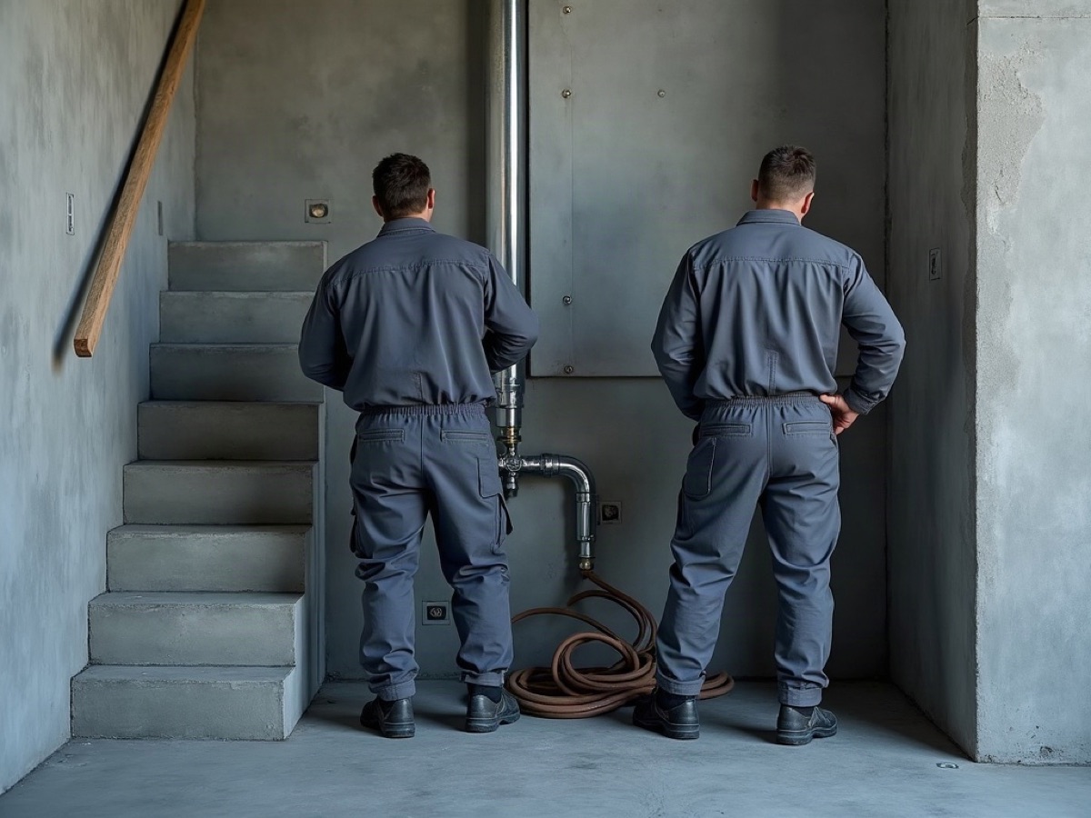 Installers setting chrome plumbing risers in an unfinished concrete core