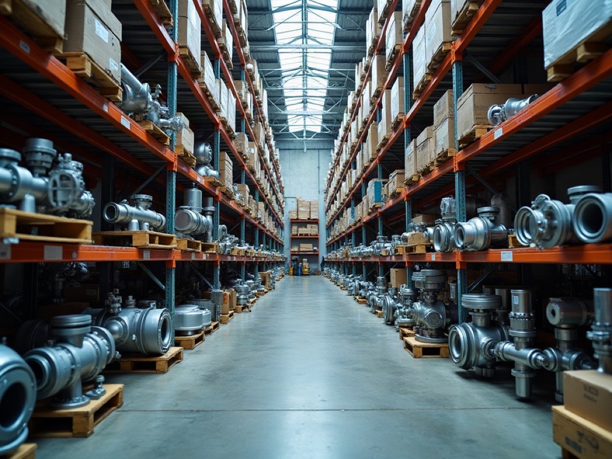 Warehouse racks of pipes, chrome valves, and plain ceramic fixtures